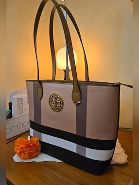 Deluxity Like New Taupe and Black Stripe Tote Bag with Gold Emblem